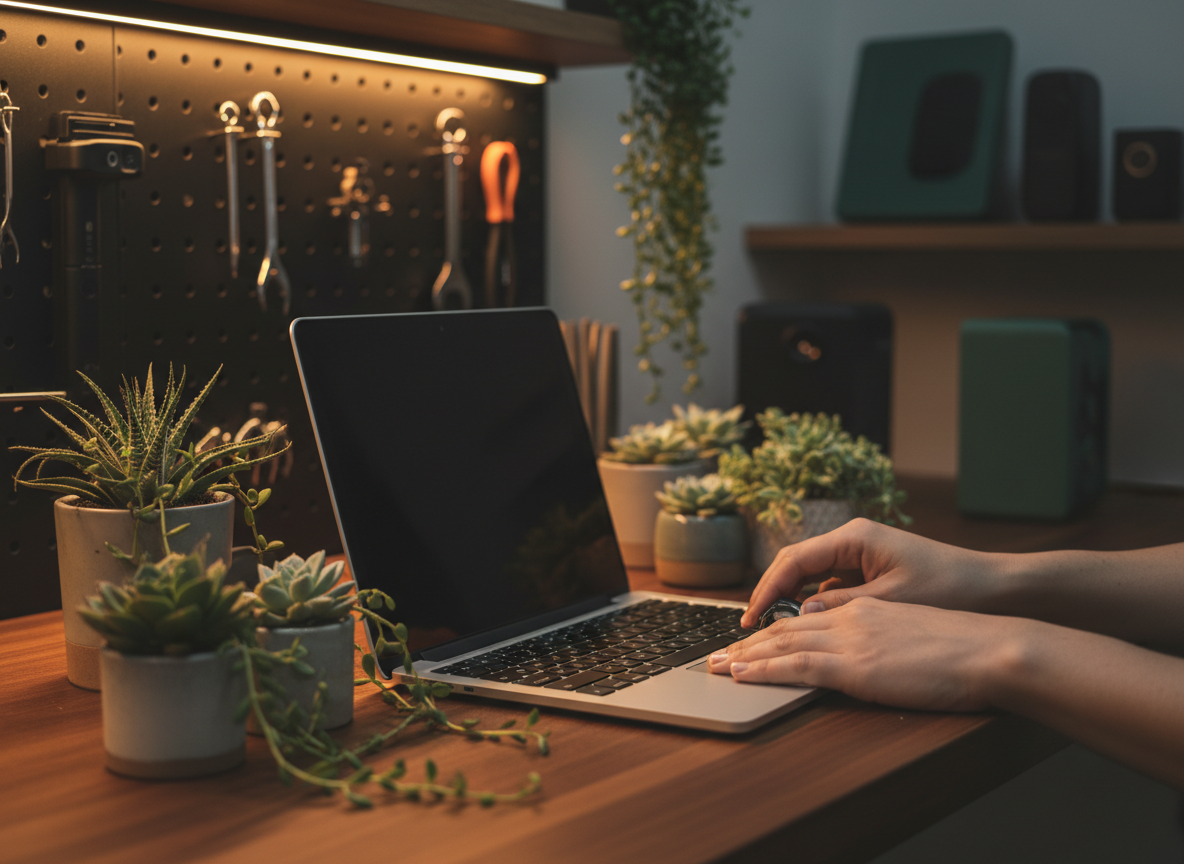 Hands repairing an open Apple laptop surrounded by small green plants on a workshop bench